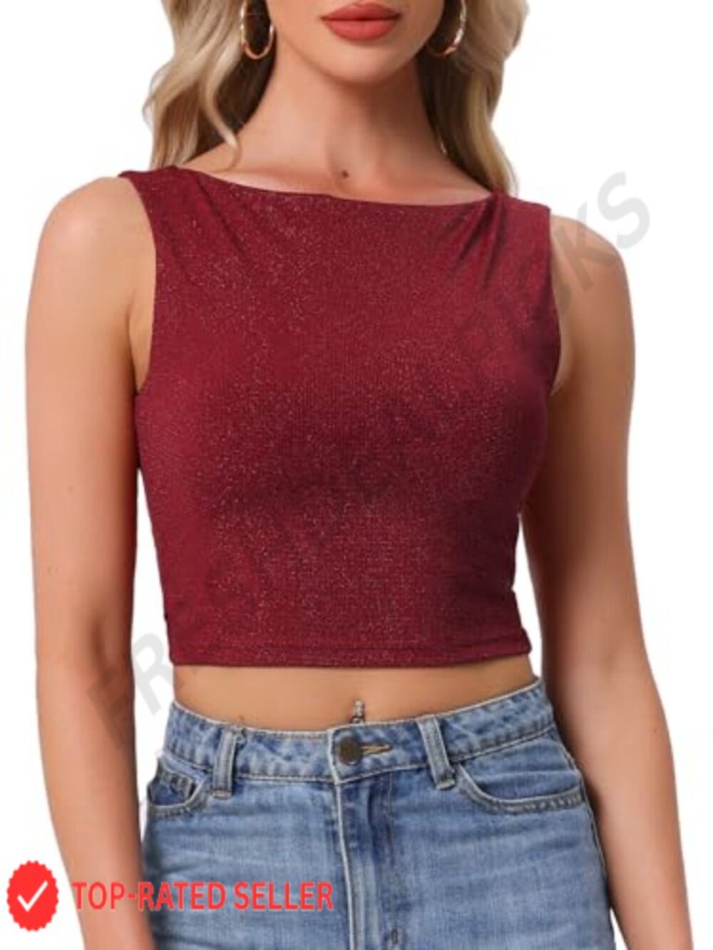 Glitter Boat Neck Sleeveless Cropped Tank Top Party Going Out Top